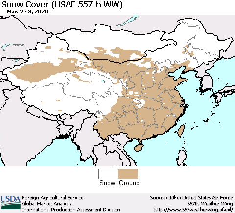 China, Mongolia and Taiwan Snow Cover (USAF 557th WW) Thematic Map For 3/2/2020 - 3/8/2020