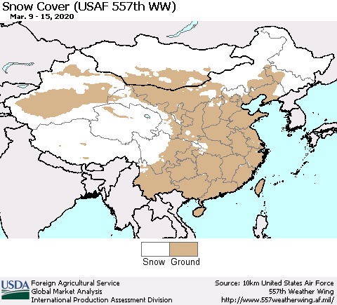 China and Taiwan Snow Cover (USAF 557th WW) Thematic Map For 3/9/2020 - 3/15/2020