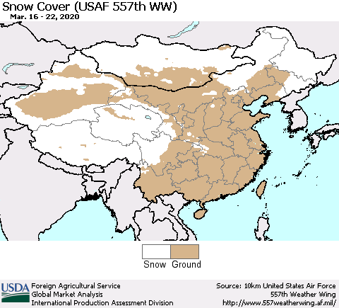 China and Taiwan Snow Cover (USAF 557th WW) Thematic Map For 3/16/2020 - 3/22/2020