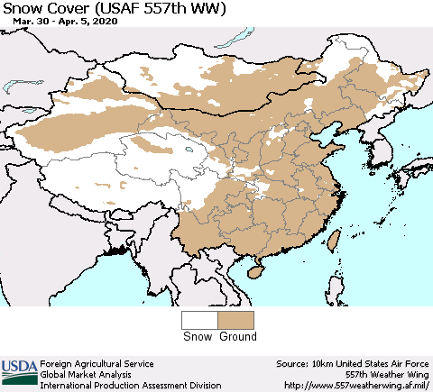 China and Taiwan Snow Cover (USAF 557th WW) Thematic Map For 3/30/2020 - 4/5/2020