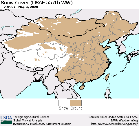 China and Taiwan Snow Cover (USAF 557th WW) Thematic Map For 4/27/2020 - 5/3/2020