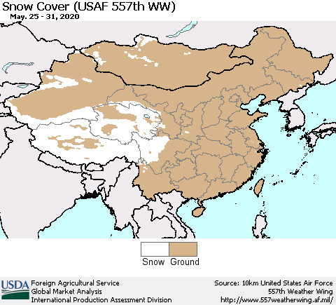 China and Taiwan Snow Cover (USAF 557th WW) Thematic Map For 5/25/2020 - 5/31/2020