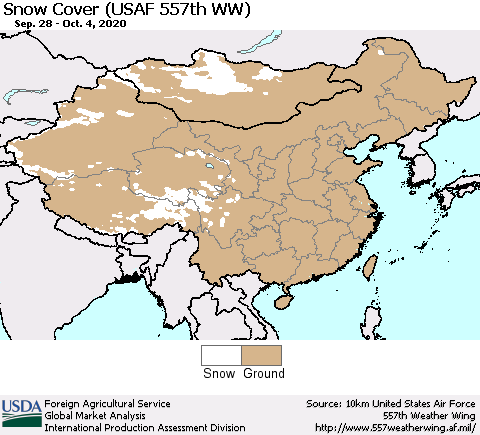 China, Mongolia and Taiwan Snow Cover (USAF 557th WW) Thematic Map For 9/28/2020 - 10/4/2020