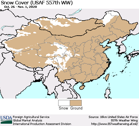 China, Mongolia and Taiwan Snow Cover (USAF 557th WW) Thematic Map For 10/26/2020 - 11/1/2020