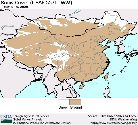 China, Mongolia and Taiwan Snow Cover (USAF 557th WW) Thematic Map For 11/2/2020 - 11/8/2020