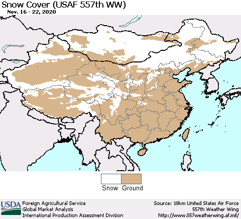 China, Mongolia and Taiwan Snow Cover (USAF 557th WW) Thematic Map For 11/16/2020 - 11/22/2020