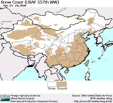 China, Mongolia and Taiwan Snow Cover (USAF 557th WW) Thematic Map For 11/23/2020 - 11/29/2020