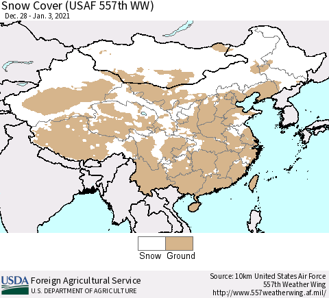 China, Mongolia and Taiwan Snow Cover (USAF 557th WW) Thematic Map For 12/28/2020 - 1/3/2021