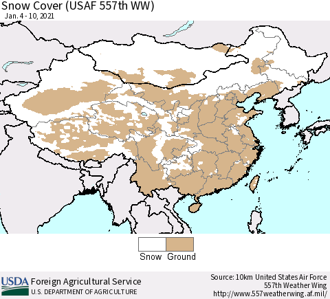 China, Mongolia and Taiwan Snow Cover (USAF 557th WW) Thematic Map For 1/4/2021 - 1/10/2021