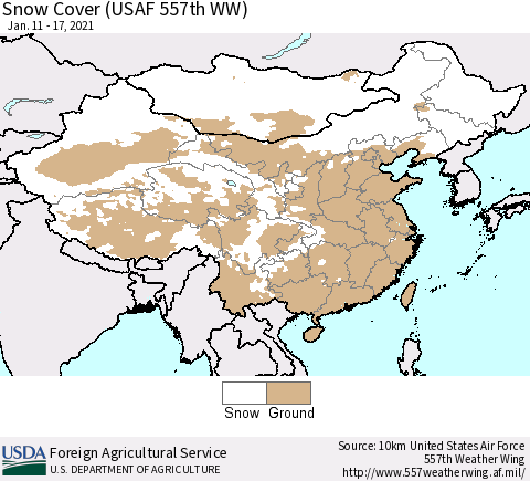 China, Mongolia and Taiwan Snow Cover (USAF 557th WW) Thematic Map For 1/11/2021 - 1/17/2021