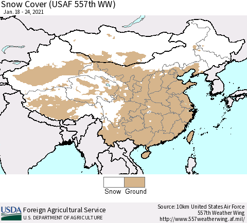 China, Mongolia and Taiwan Snow Cover (USAF 557th WW) Thematic Map For 1/18/2021 - 1/24/2021