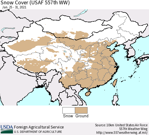 China, Mongolia and Taiwan Snow Cover (USAF 557th WW) Thematic Map For 1/25/2021 - 1/31/2021