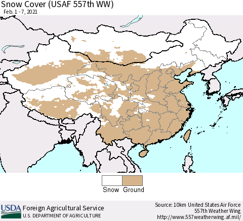 China, Mongolia and Taiwan Snow Cover (USAF 557th WW) Thematic Map For 2/1/2021 - 2/7/2021