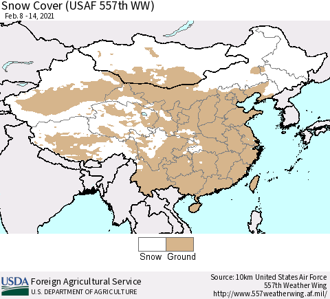 China, Mongolia and Taiwan Snow Cover (USAF 557th WW) Thematic Map For 2/8/2021 - 2/14/2021