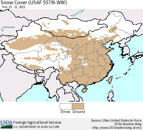 China, Mongolia and Taiwan Snow Cover (USAF 557th WW) Thematic Map For 2/15/2021 - 2/21/2021