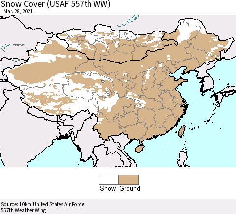 China, Mongolia and Taiwan Snow Cover (USAF 557th WW) Thematic Map For 3/22/2021 - 3/28/2021