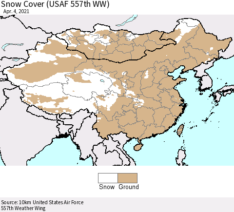 China, Mongolia and Taiwan Snow Cover (USAF 557th WW) Thematic Map For 3/29/2021 - 4/4/2021