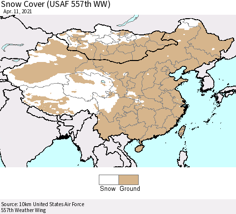 China, Mongolia and Taiwan Snow Cover (USAF 557th WW) Thematic Map For 4/5/2021 - 4/11/2021