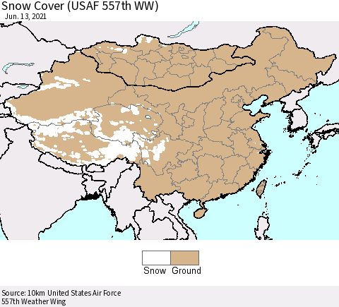 China, Mongolia and Taiwan Snow Cover (USAF 557th WW) Thematic Map For 6/7/2021 - 6/13/2021
