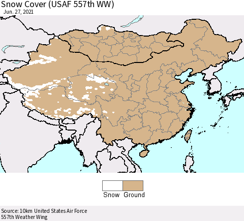 China, Mongolia and Taiwan Snow Cover (USAF 557th WW) Thematic Map For 6/21/2021 - 6/27/2021