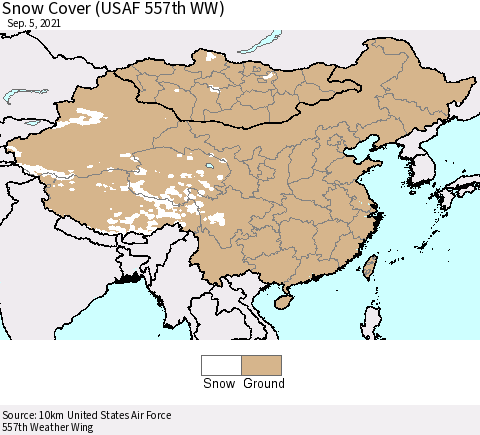 China, Mongolia and Taiwan Snow Cover (USAF 557th WW) Thematic Map For 8/30/2021 - 9/5/2021