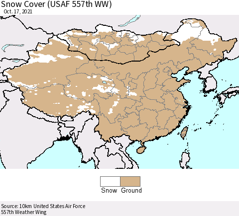China, Mongolia and Taiwan Snow Cover (USAF 557th WW) Thematic Map For 10/11/2021 - 10/17/2021