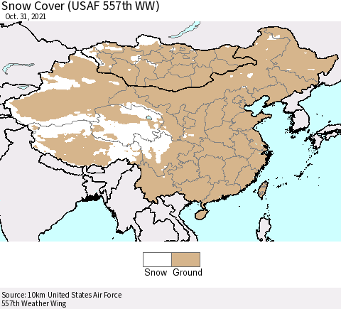 China, Mongolia and Taiwan Snow Cover (USAF 557th WW) Thematic Map For 10/25/2021 - 10/31/2021