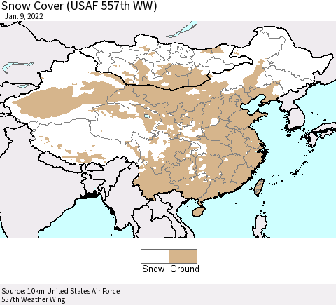 China, Mongolia and Taiwan Snow Cover (USAF 557th WW) Thematic Map For 1/3/2022 - 1/9/2022