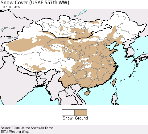 China, Mongolia and Taiwan Snow Cover (USAF 557th WW) Thematic Map For 1/10/2022 - 1/16/2022