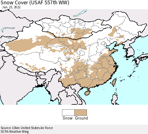 China, Mongolia and Taiwan Snow Cover (USAF 557th WW) Thematic Map For 1/17/2022 - 1/23/2022