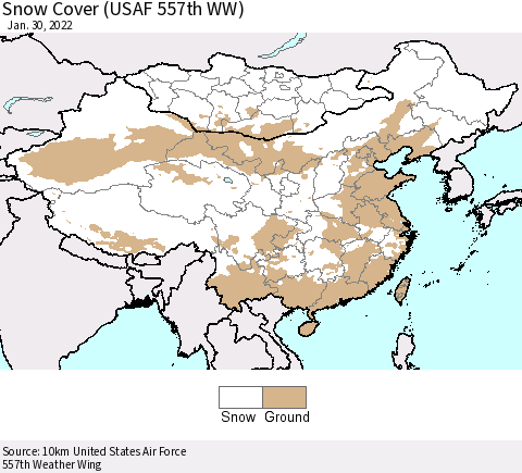 China, Mongolia and Taiwan Snow Cover (USAF 557th WW) Thematic Map For 1/24/2022 - 1/30/2022