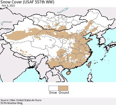 China, Mongolia and Taiwan Snow Cover (USAF 557th WW) Thematic Map For 1/31/2022 - 2/6/2022