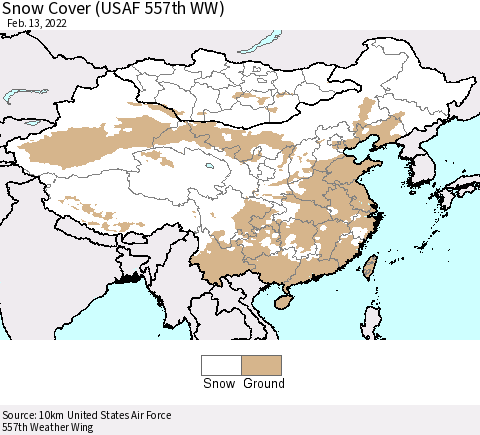 China, Mongolia and Taiwan Snow Cover (USAF 557th WW) Thematic Map For 2/7/2022 - 2/13/2022