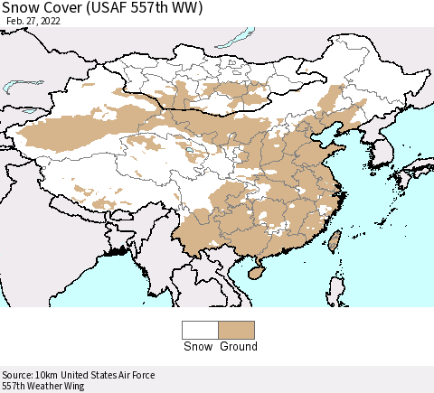 China, Mongolia and Taiwan Snow Cover (USAF 557th WW) Thematic Map For 2/21/2022 - 2/27/2022