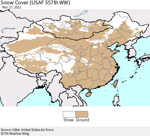 China, Mongolia and Taiwan Snow Cover (USAF 557th WW) Thematic Map For 3/21/2022 - 3/27/2022
