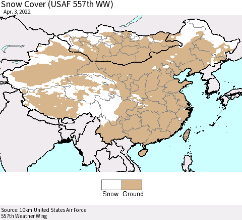 China, Mongolia and Taiwan Snow Cover (USAF 557th WW) Thematic Map For 3/28/2022 - 4/3/2022