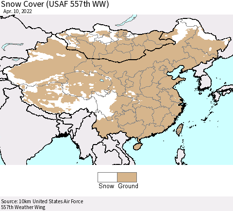China, Mongolia and Taiwan Snow Cover (USAF 557th WW) Thematic Map For 4/4/2022 - 4/10/2022
