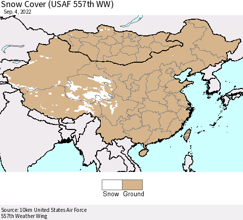 China, Mongolia and Taiwan Snow Cover (USAF 557th WW) Thematic Map For 8/29/2022 - 9/4/2022