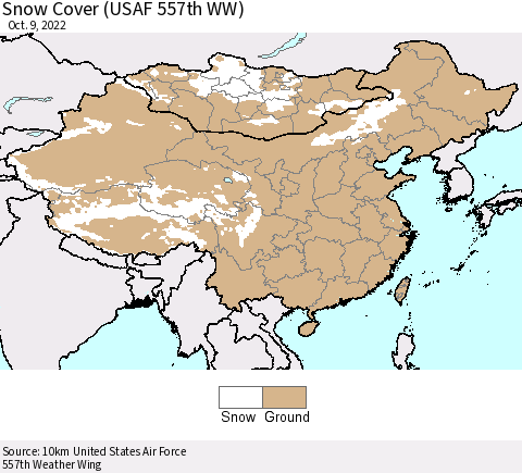 China, Mongolia and Taiwan Snow Cover (USAF 557th WW) Thematic Map For 10/3/2022 - 10/9/2022