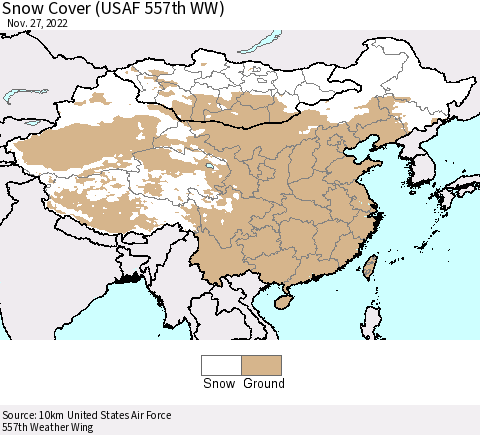 China, Mongolia and Taiwan Snow Cover (USAF 557th WW) Thematic Map For 11/21/2022 - 11/27/2022
