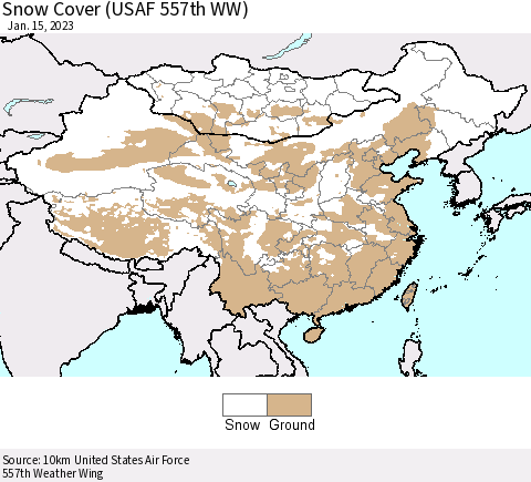 China, Mongolia and Taiwan Snow Cover (USAF 557th WW) Thematic Map For 1/9/2023 - 1/15/2023
