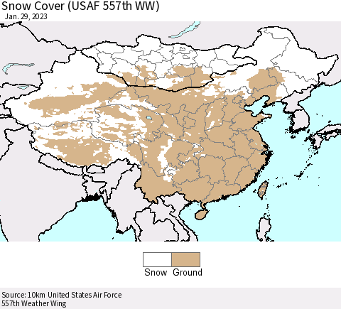 China, Mongolia and Taiwan Snow Cover (USAF 557th WW) Thematic Map For 1/23/2023 - 1/29/2023