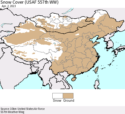 China, Mongolia and Taiwan Snow Cover (USAF 557th WW) Thematic Map For 3/27/2023 - 4/2/2023