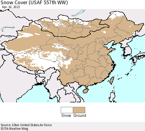 China, Mongolia and Taiwan Snow Cover (USAF 557th WW) Thematic Map For 4/10/2023 - 4/16/2023