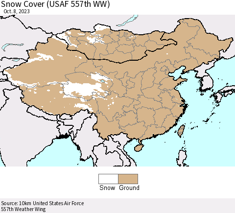 China, Mongolia and Taiwan Snow Cover (USAF 557th WW) Thematic Map For 10/2/2023 - 10/8/2023