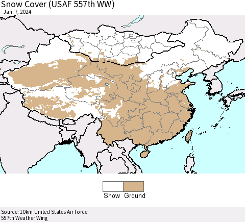 China, Mongolia and Taiwan Snow Cover (USAF 557th WW) Thematic Map For 1/1/2024 - 1/7/2024
