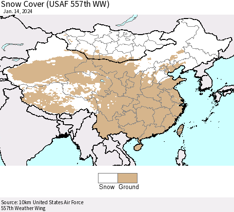 China, Mongolia and Taiwan Snow Cover (USAF 557th WW) Thematic Map For 1/8/2024 - 1/14/2024