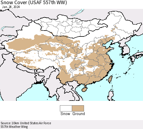 China, Mongolia and Taiwan Snow Cover (USAF 557th WW) Thematic Map For 1/22/2024 - 1/28/2024