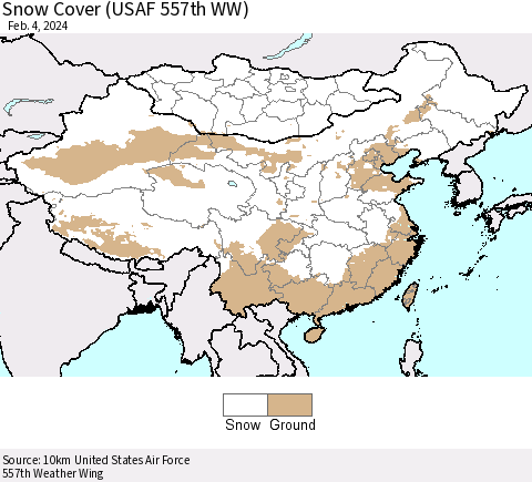 China, Mongolia and Taiwan Snow Cover (USAF 557th WW) Thematic Map For 1/29/2024 - 2/4/2024