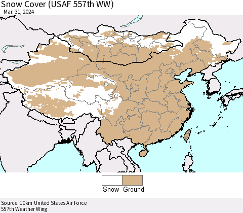 China, Mongolia and Taiwan Snow Cover (USAF 557th WW) Thematic Map For 3/25/2024 - 3/31/2024